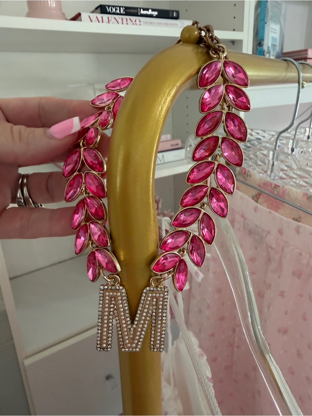Gold-Tone Pet Necklace with Pink Crystal Leaf Accents and 'M' Charm